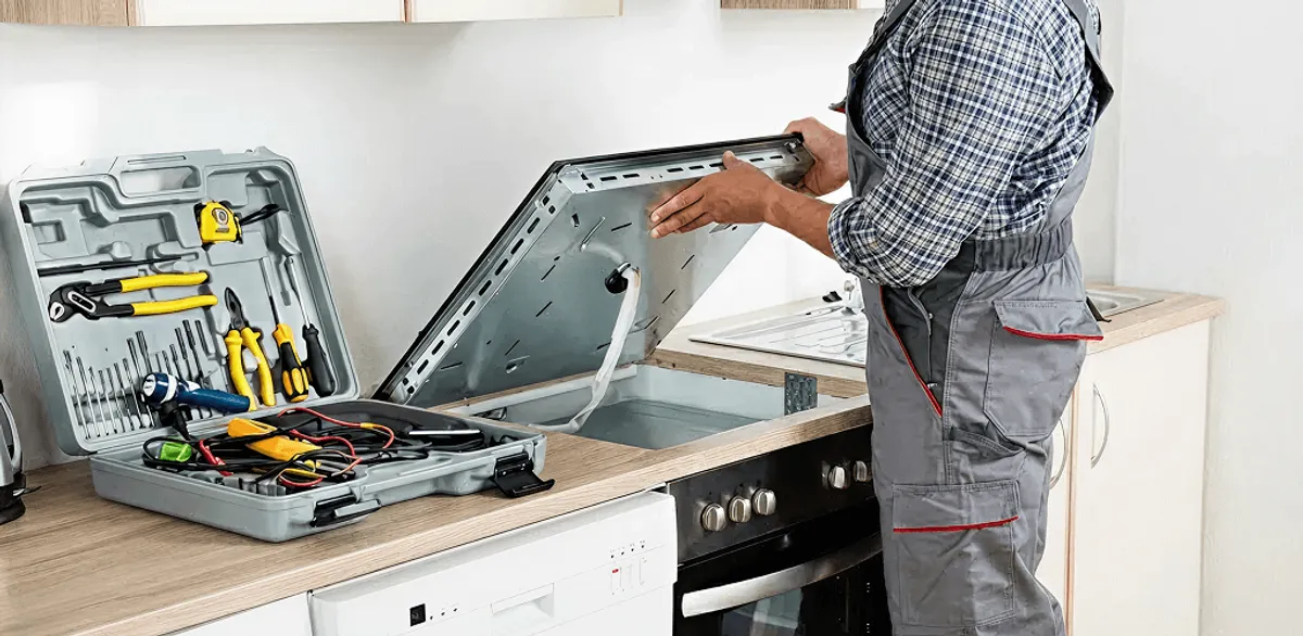 Handyman repairing a cooktop and checking wiring connections in Denver, CO