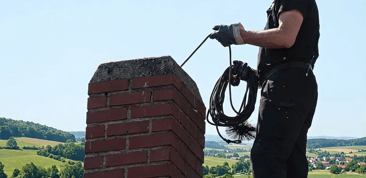 Chimney sweep inspecting and cleaning a rooftop chimney in Denver, CO