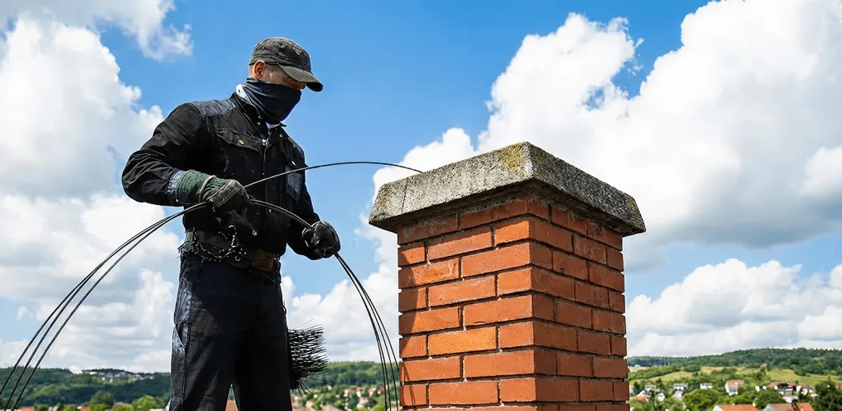 Chimney sweep cleaning a brick chimney with professional tools in Denver, CO